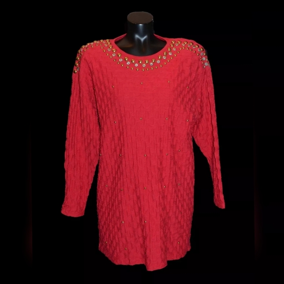 Focus Brand Vintage 80s Red Over sized Gold Studded Tunic Shirt top One Size - Picture 1 of 2
